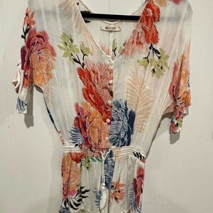 Floral Button-Front White V-Neck Romper